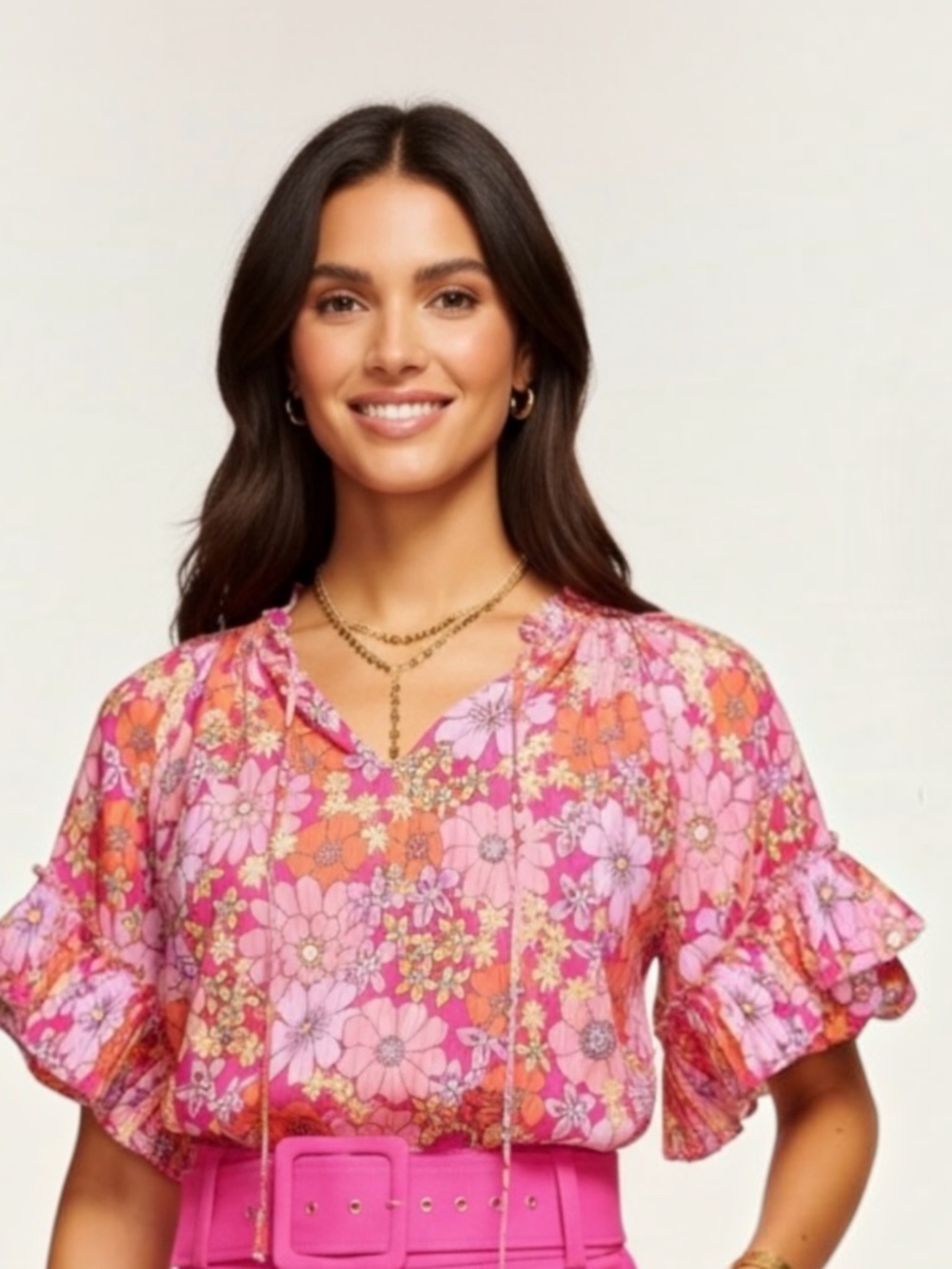 🌼🌺🌸Rami Brook Janae Pink and Orange Ruffle Sleeve Blouse Size Med